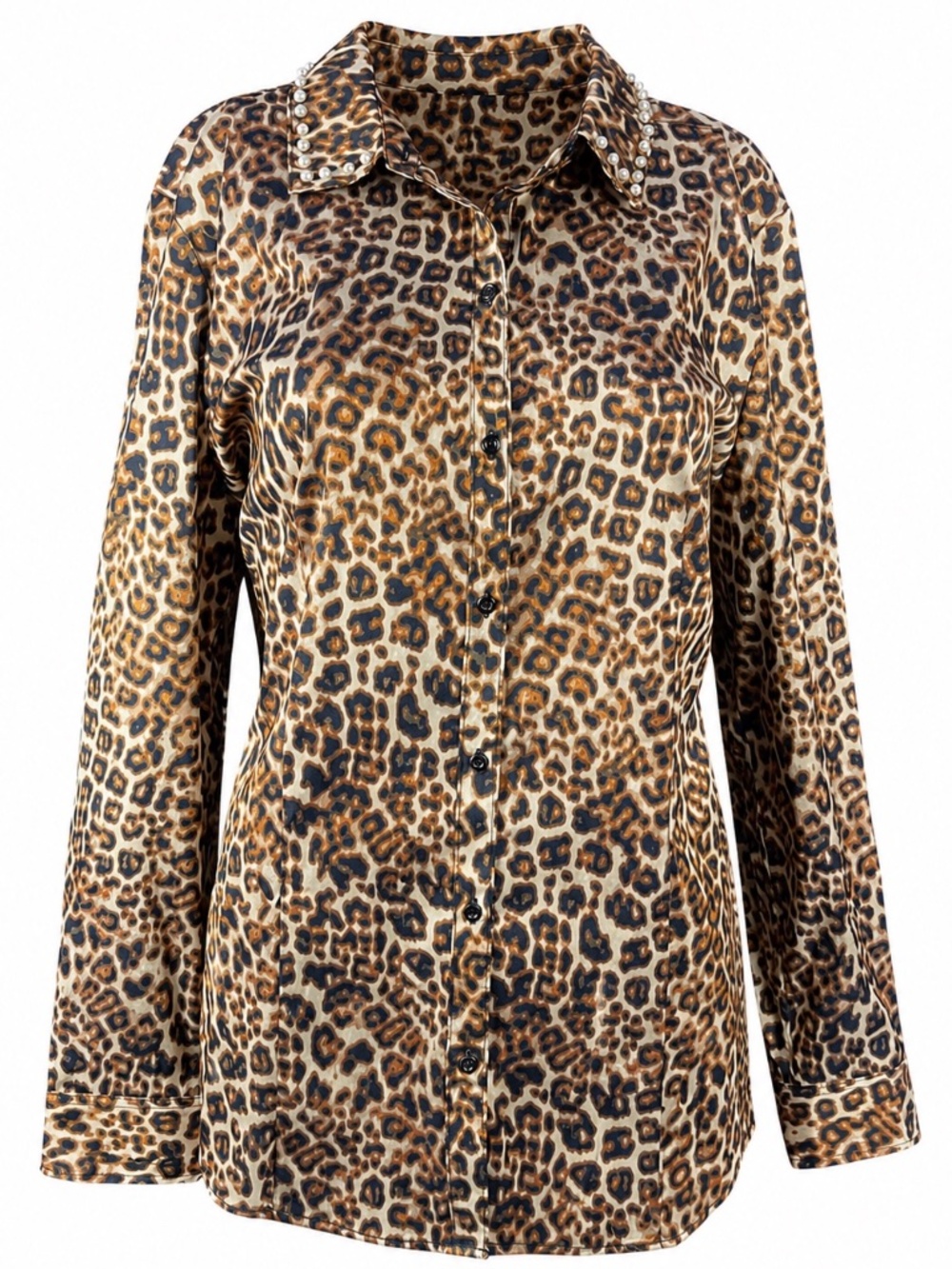 Leopard Print Pearl Collar Button Front Blouse Size 14 Charter Club